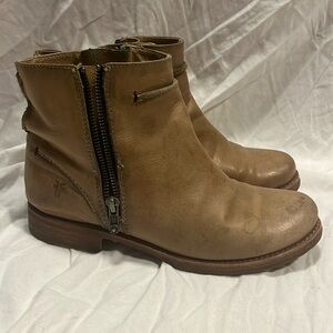 Frye Double Zip Tan Booties, Size 8